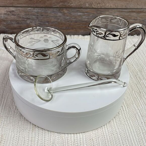 Glass Creamer & Sugar Bowl & Glass Spoon Sterling Silver Overlay&Etched Flowers - Picture 8 of 9